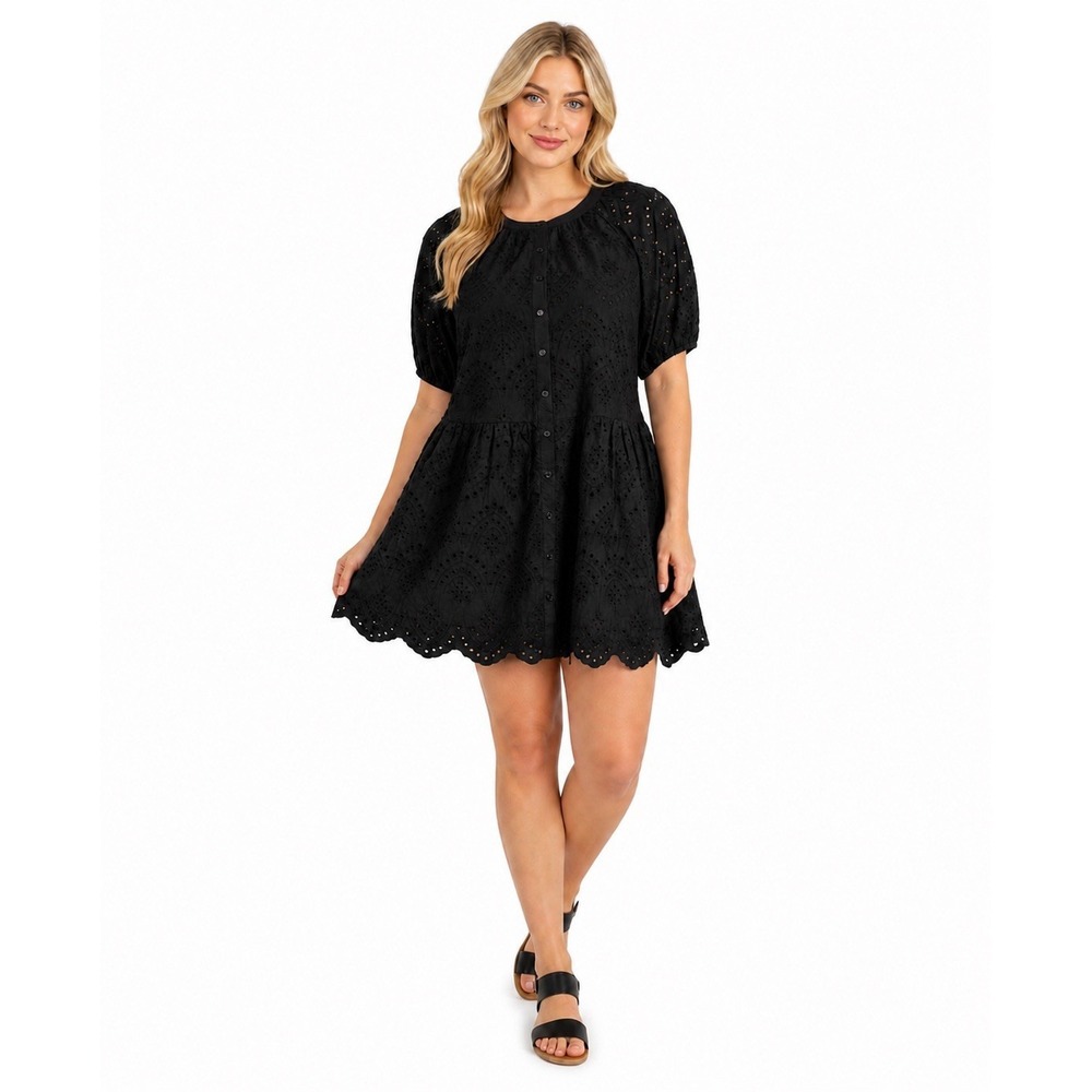 Black Eyelet Lace Dress 14W Peasant Cottagecore Milkmaid Fairy Grunge Preppy
